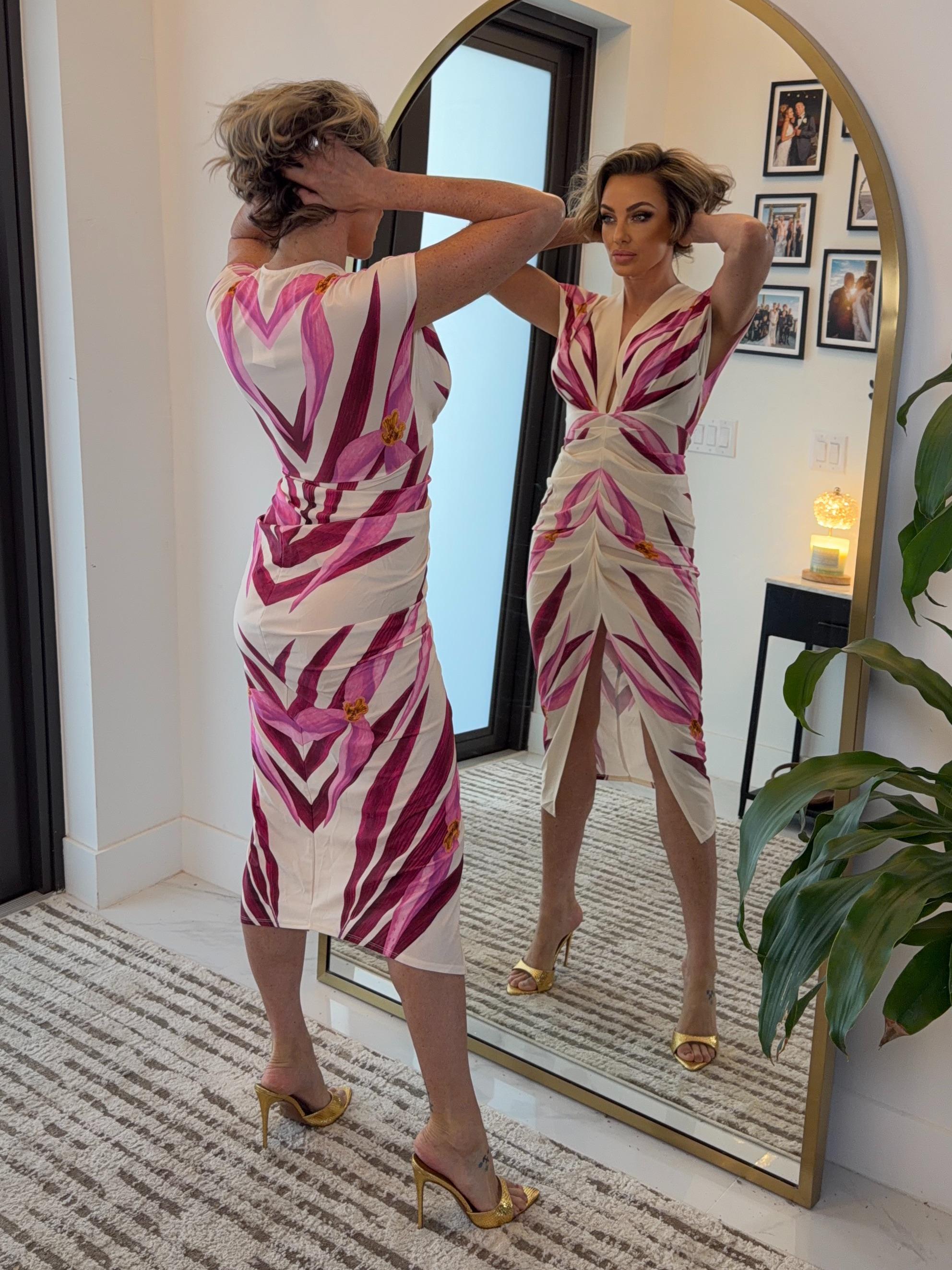 Printed V-Neck Midi Length Dress