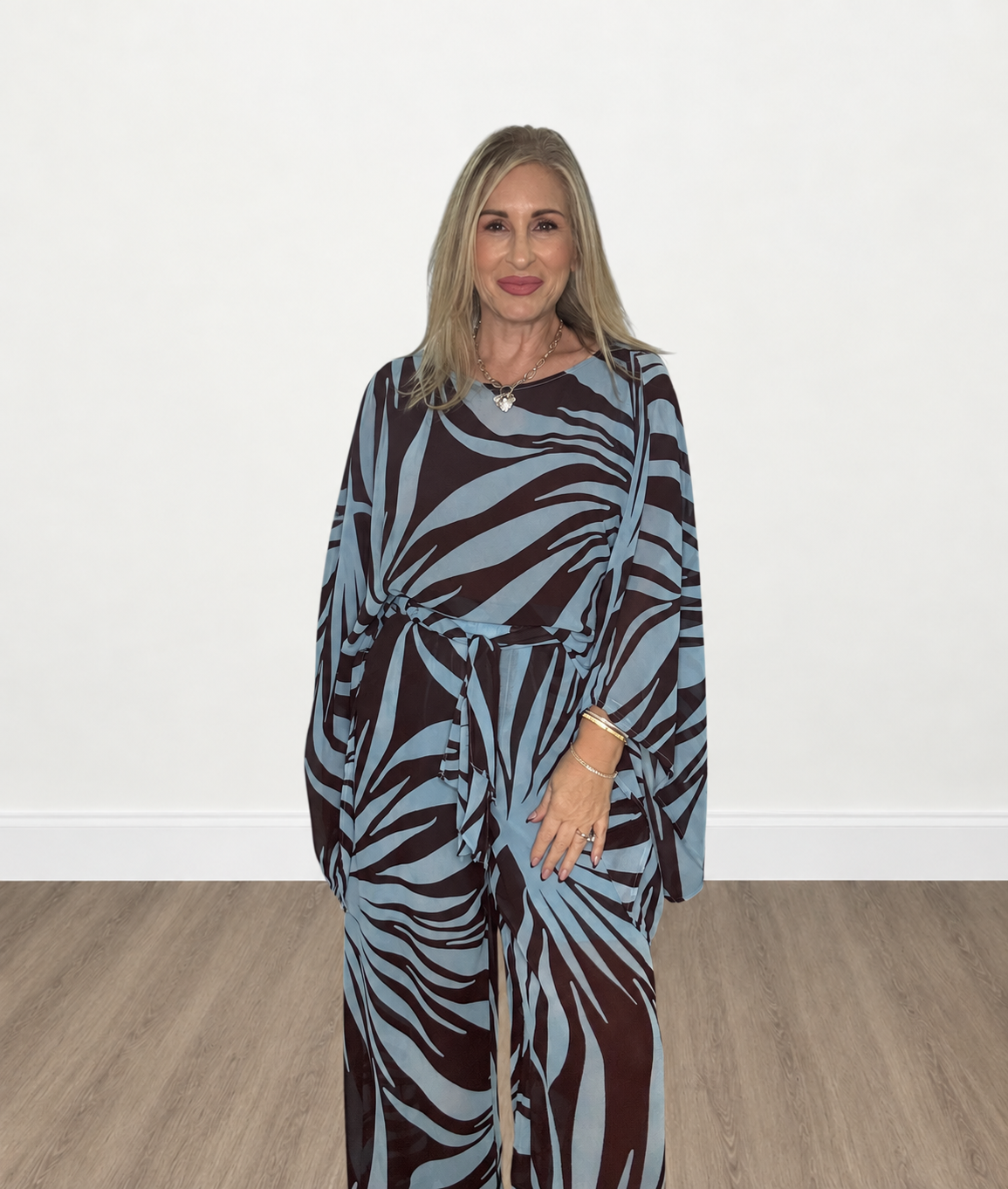 Tropical Palm Leaf Wide-Leg Chiffon Pants
