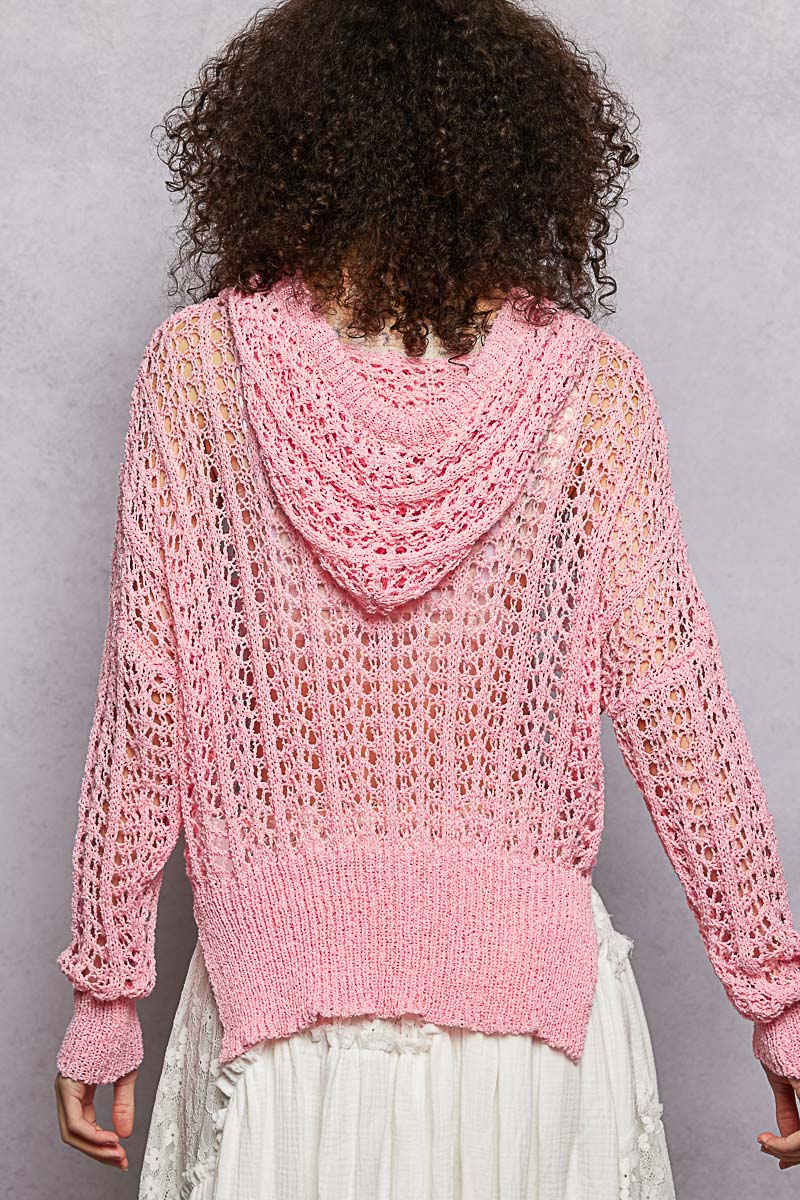 Open Pointelle Knit Hoodie Sweater Pink - Back View on Model