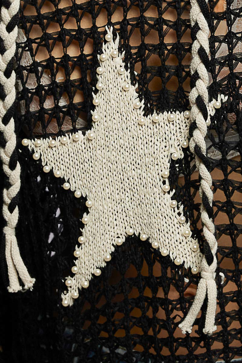 Open Weave Star Patch Pearl Stud Hoodie Sweater Top by POL