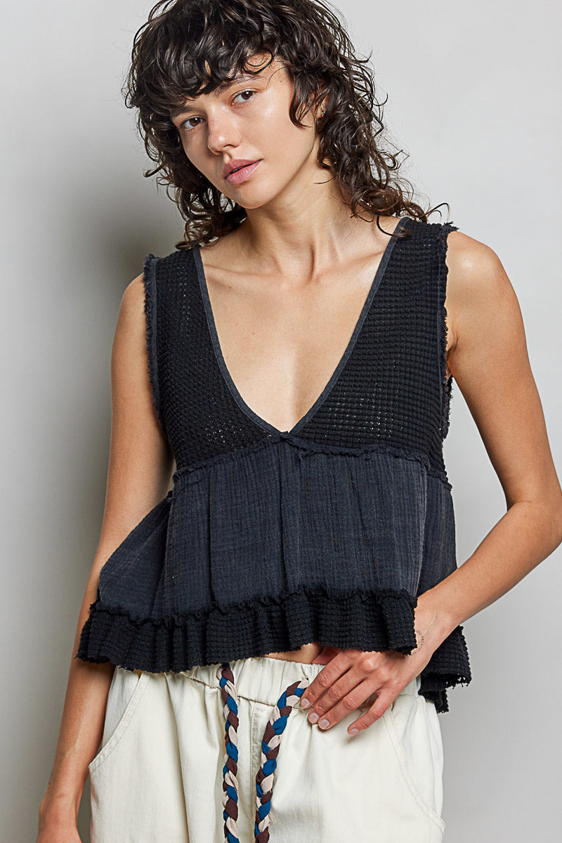 Thermal & Gauze Mix Babydoll Tank Top by POL