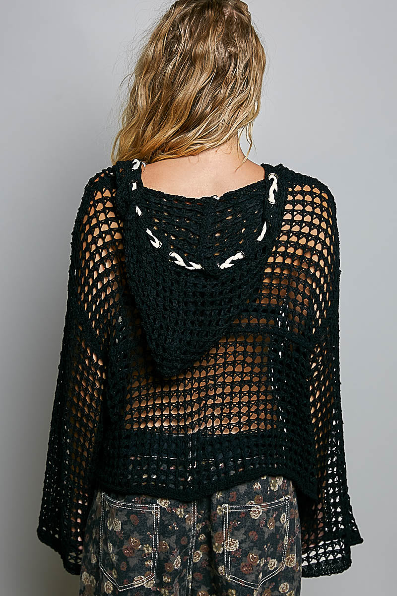 Open Weave Star Patch Pearl Stud Hoodie Sweater Top by POL