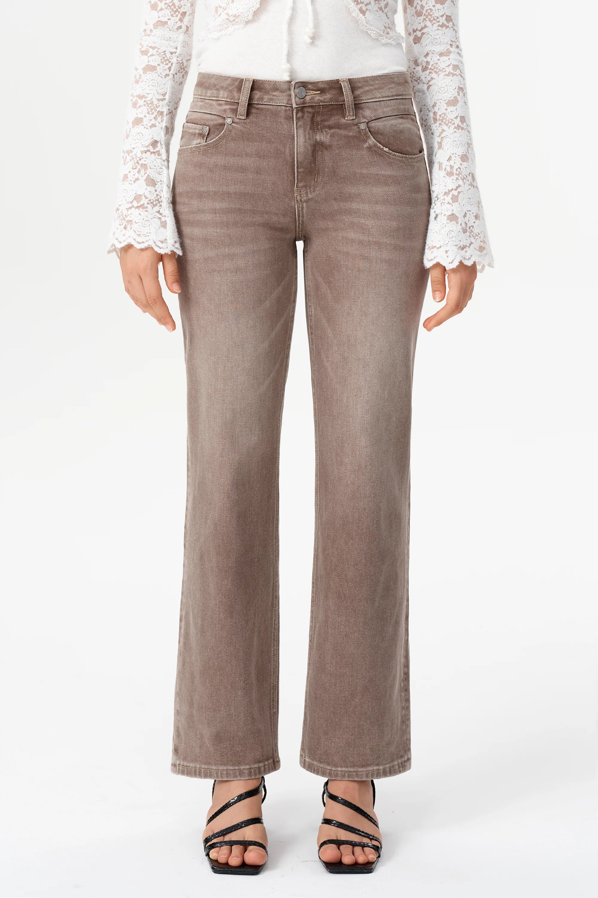 Coffee Wash Mid Rise Straight Leg Jeans