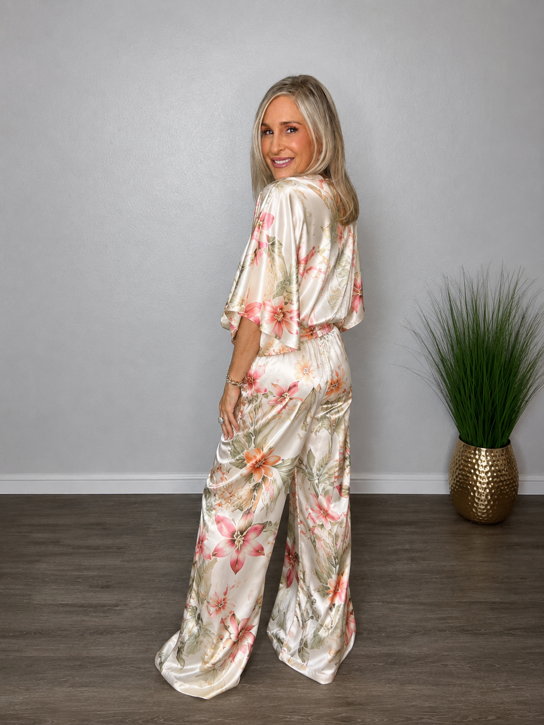 Floral Dolman Sleeve Top & Wide Leg Pants Set