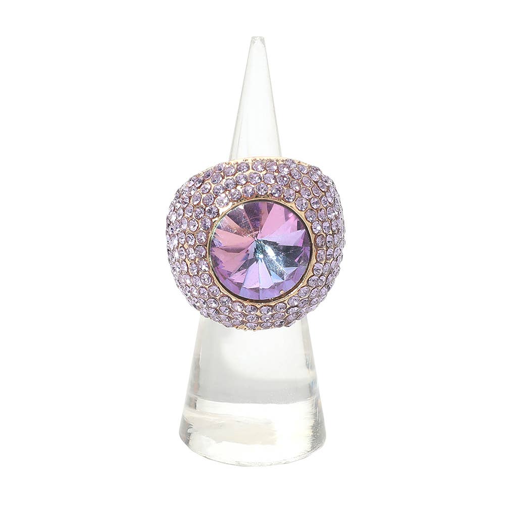 Bold Round Stone Accent Rhinestone Pave Statement Stretch Ring