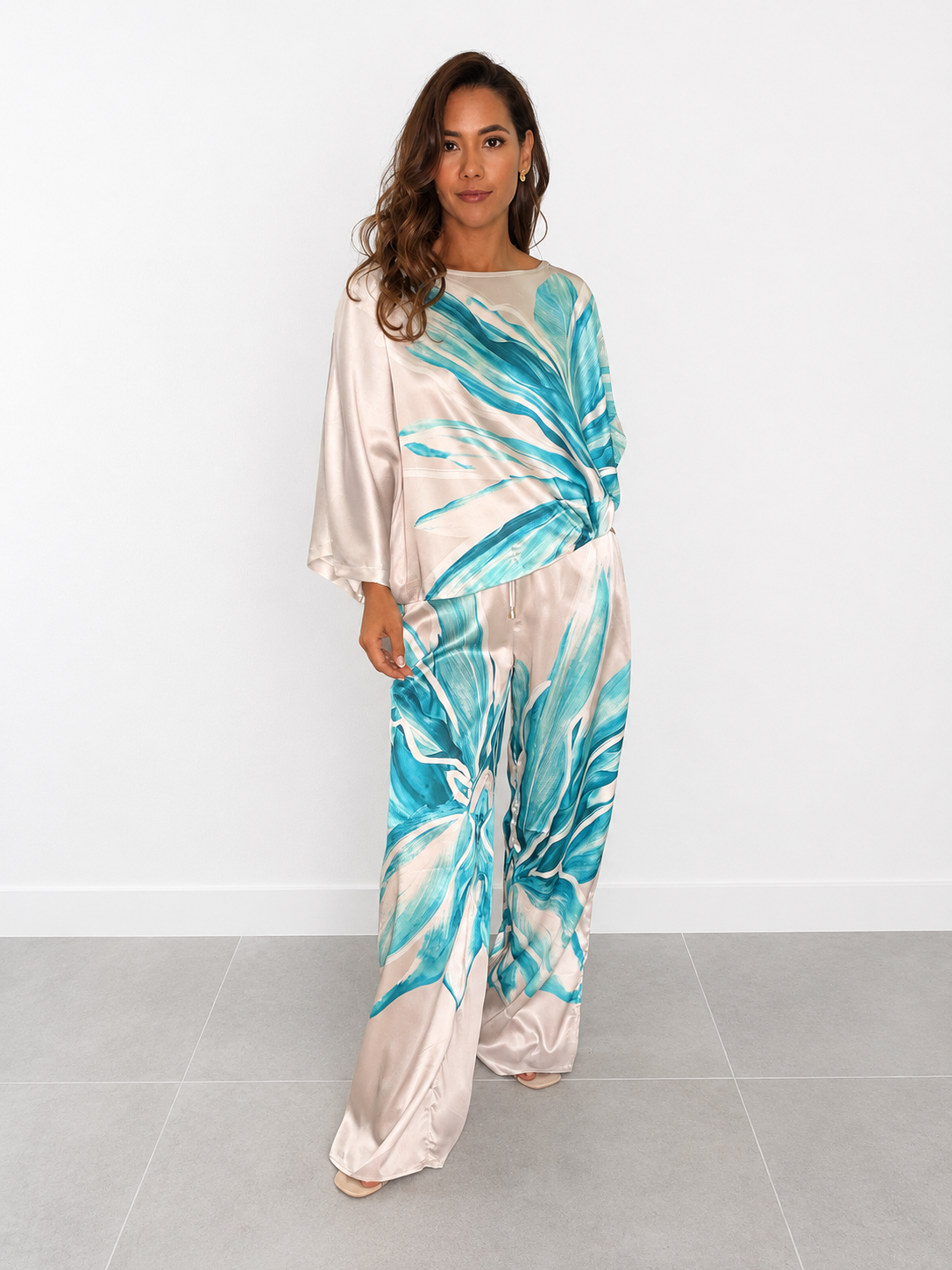 Botanical Print Satin Cropped Blouse & Wide-Leg Pants Set