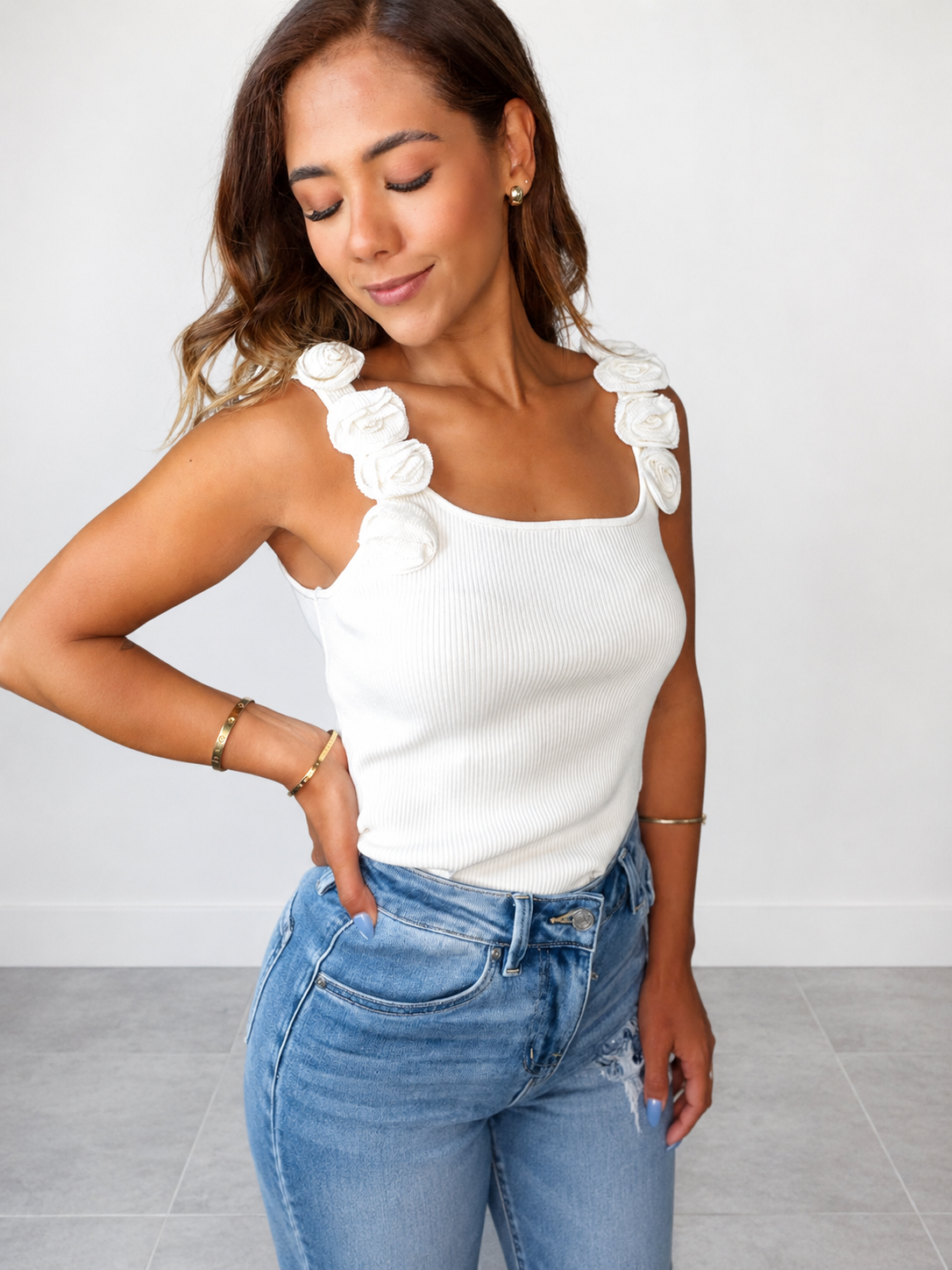3D Rosette Floral Strap Ribbed Knit Tank Top
