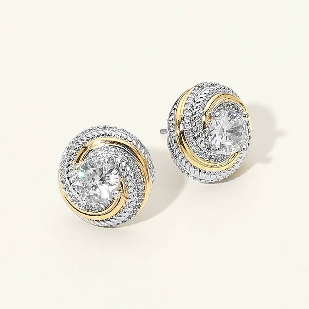 14K Gold Plated Two Tone Swirl CZ Stud Earrings