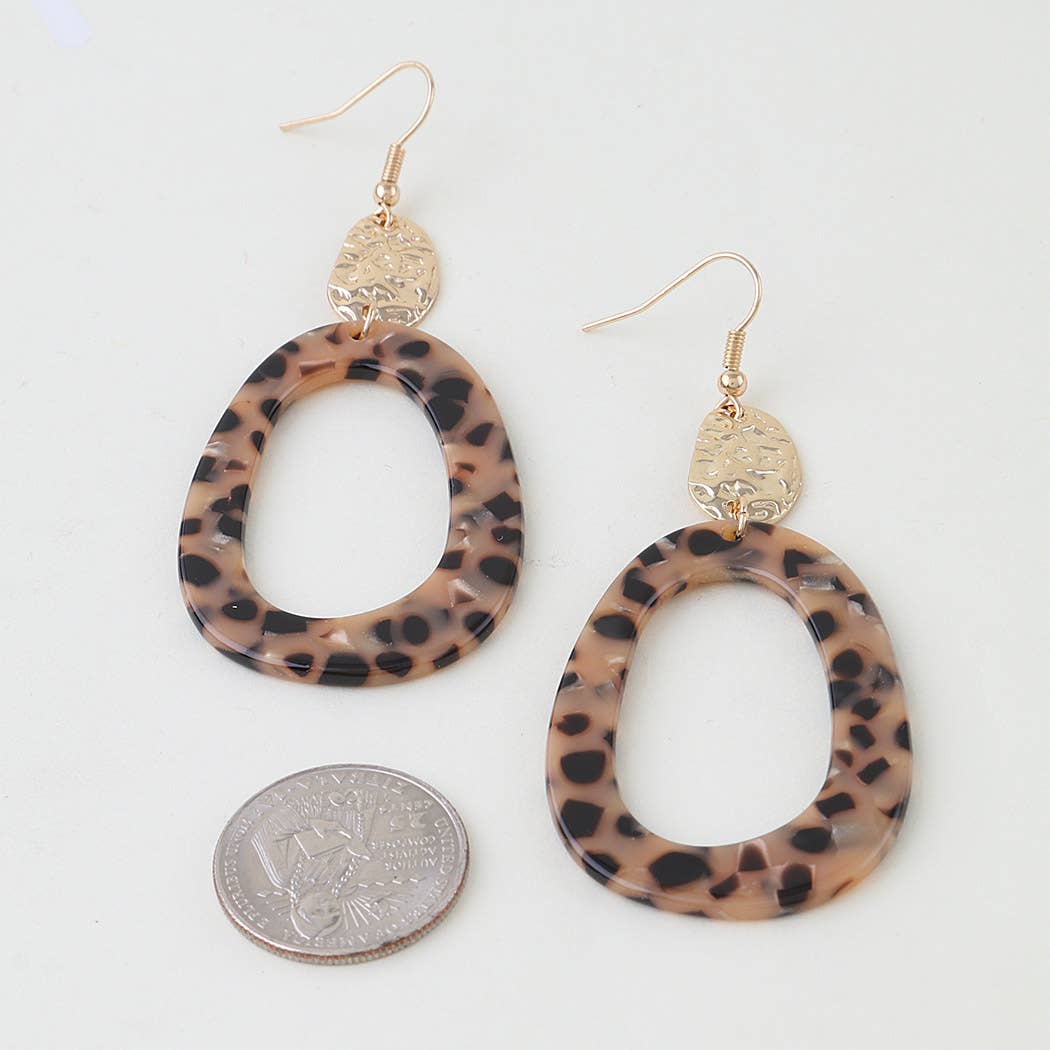 Leopard Print Resin & Hammered Gold Drop Earrings