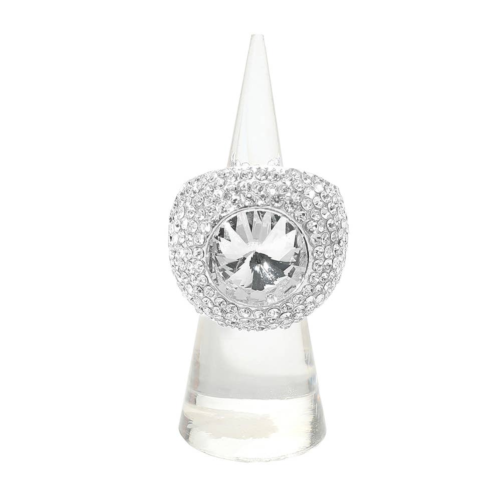 Bold Round Stone Accent Rhinestone Pave Statement Stretch Ring