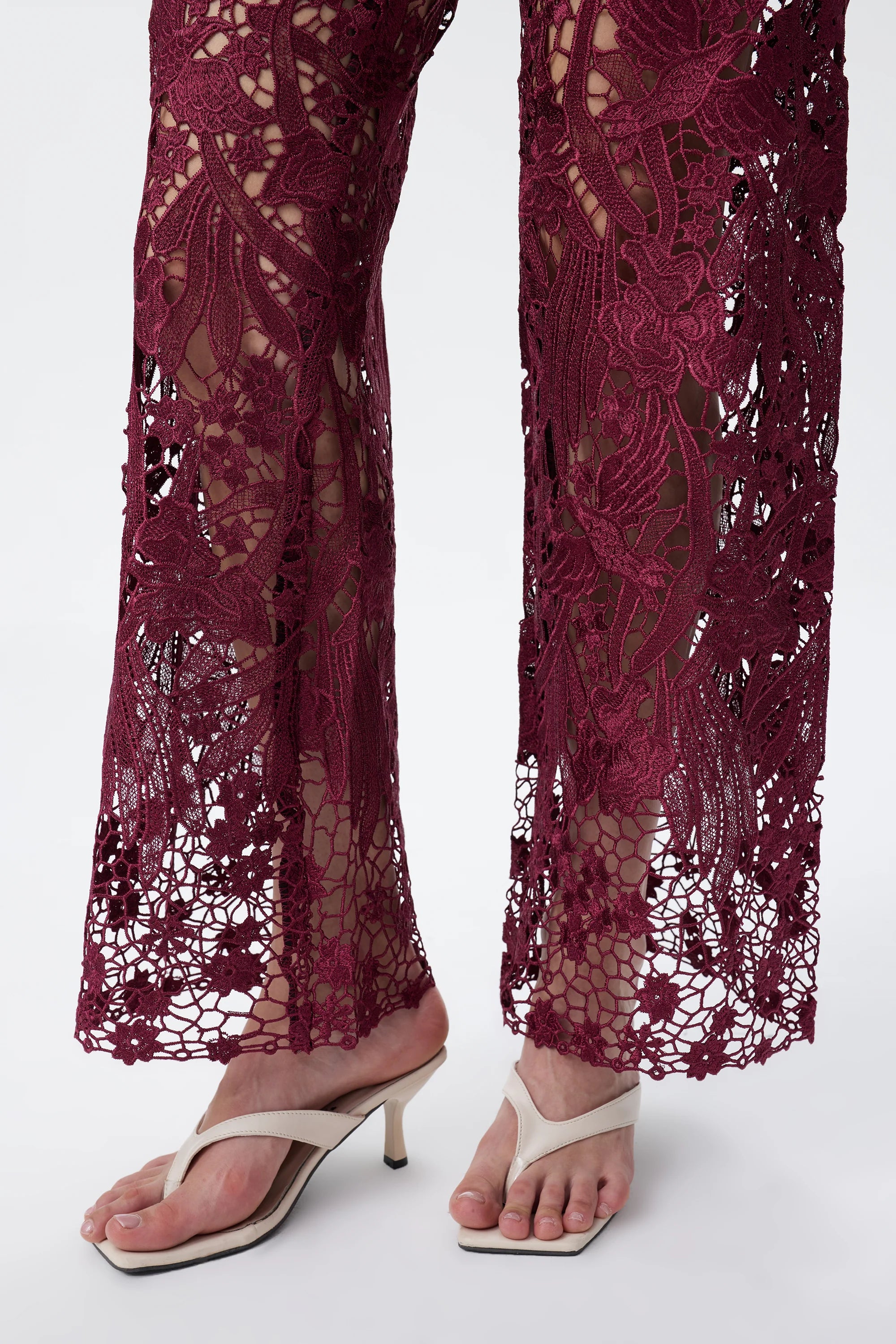 Wine Embroidered Lace Denim Rhinestone Jeans