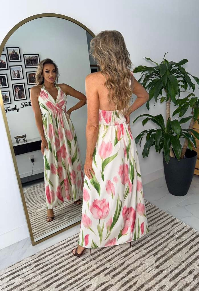 The Elegant Pleated Halter Maxi Dress
