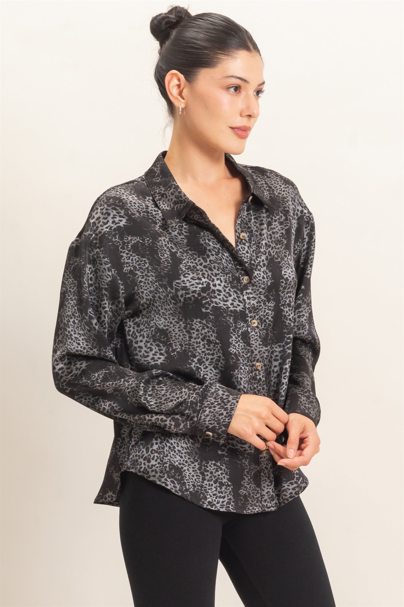 Leopard Satin Button-up Shirt