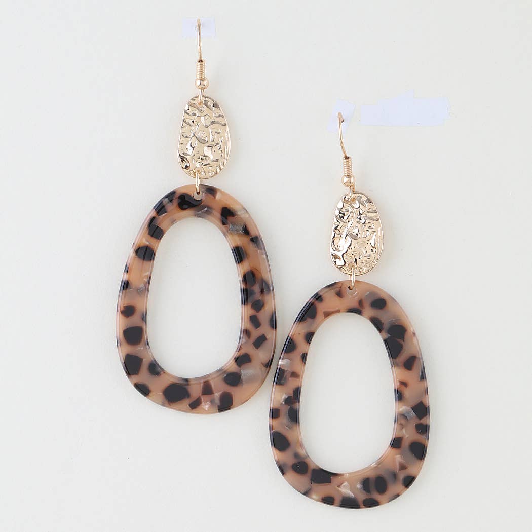 Leopard Print Resin & Hammered Gold Drop Earrings