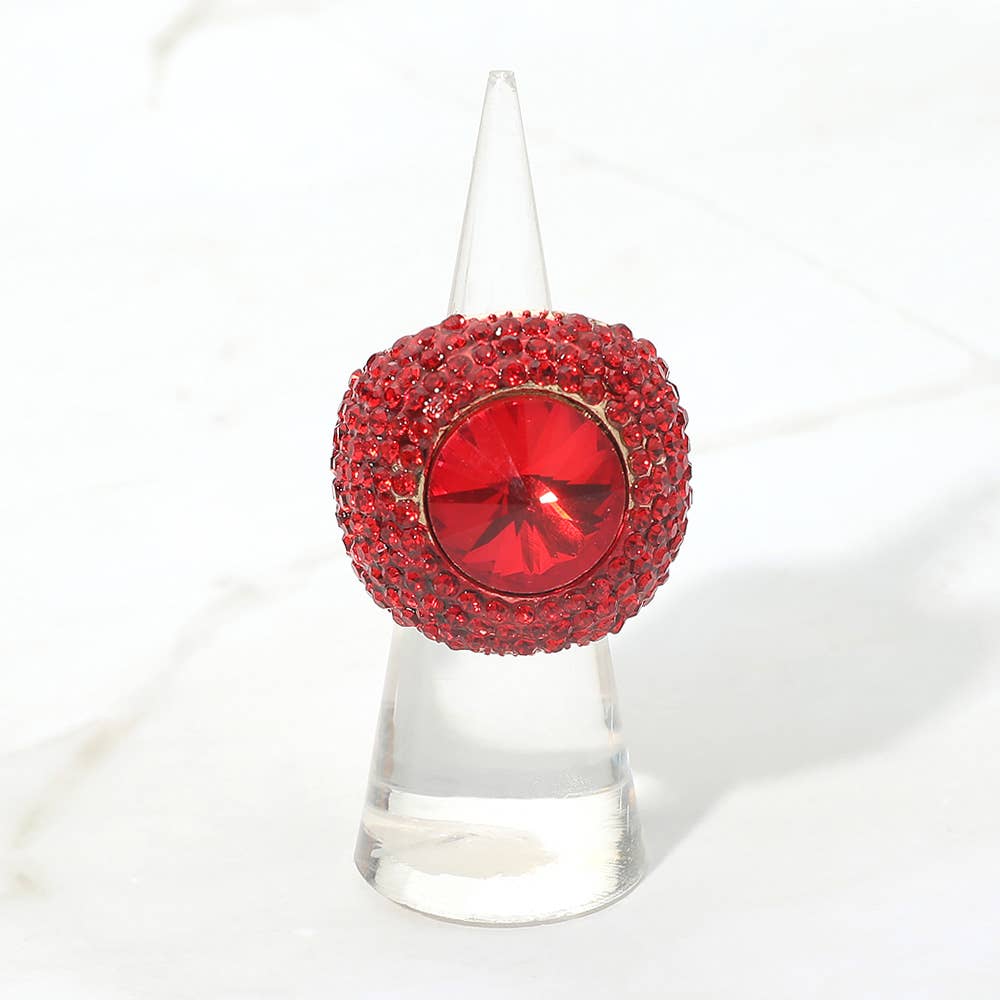 Bold Round Stone Accent Rhinestone Pave Statement Stretch Ring