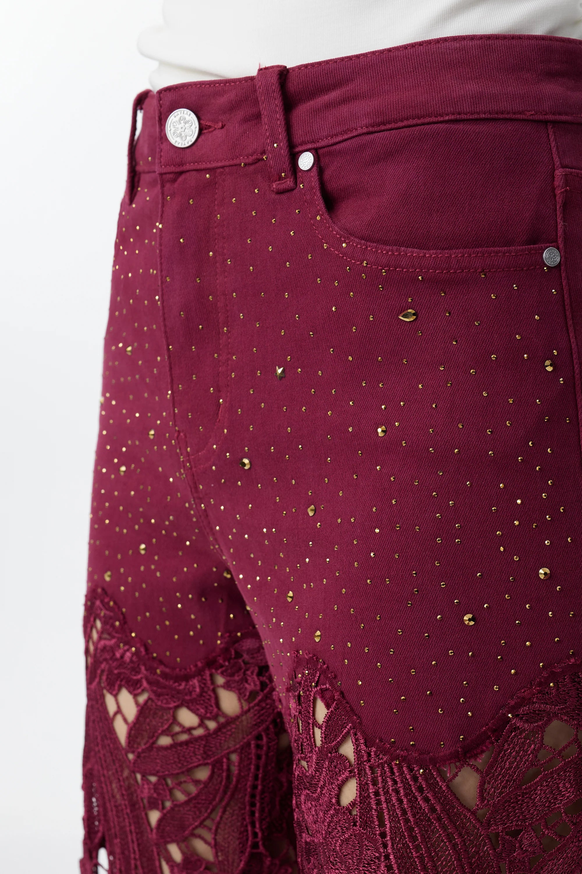 Wine Embroidered Lace Denim Rhinestone Jeans