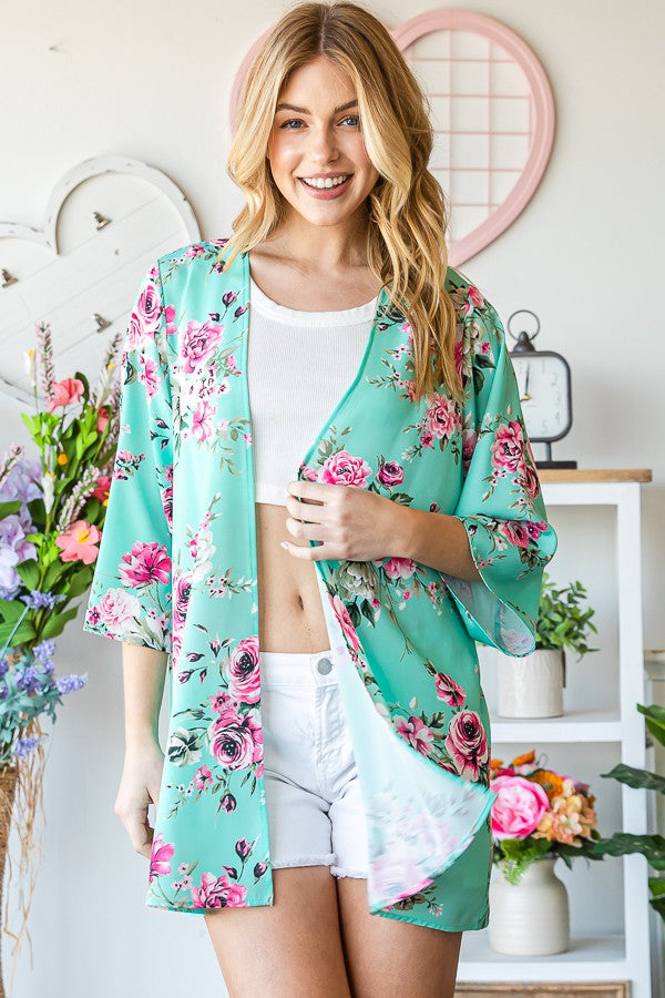 Three Quarter Sleeve Floral Print Open Cardigan