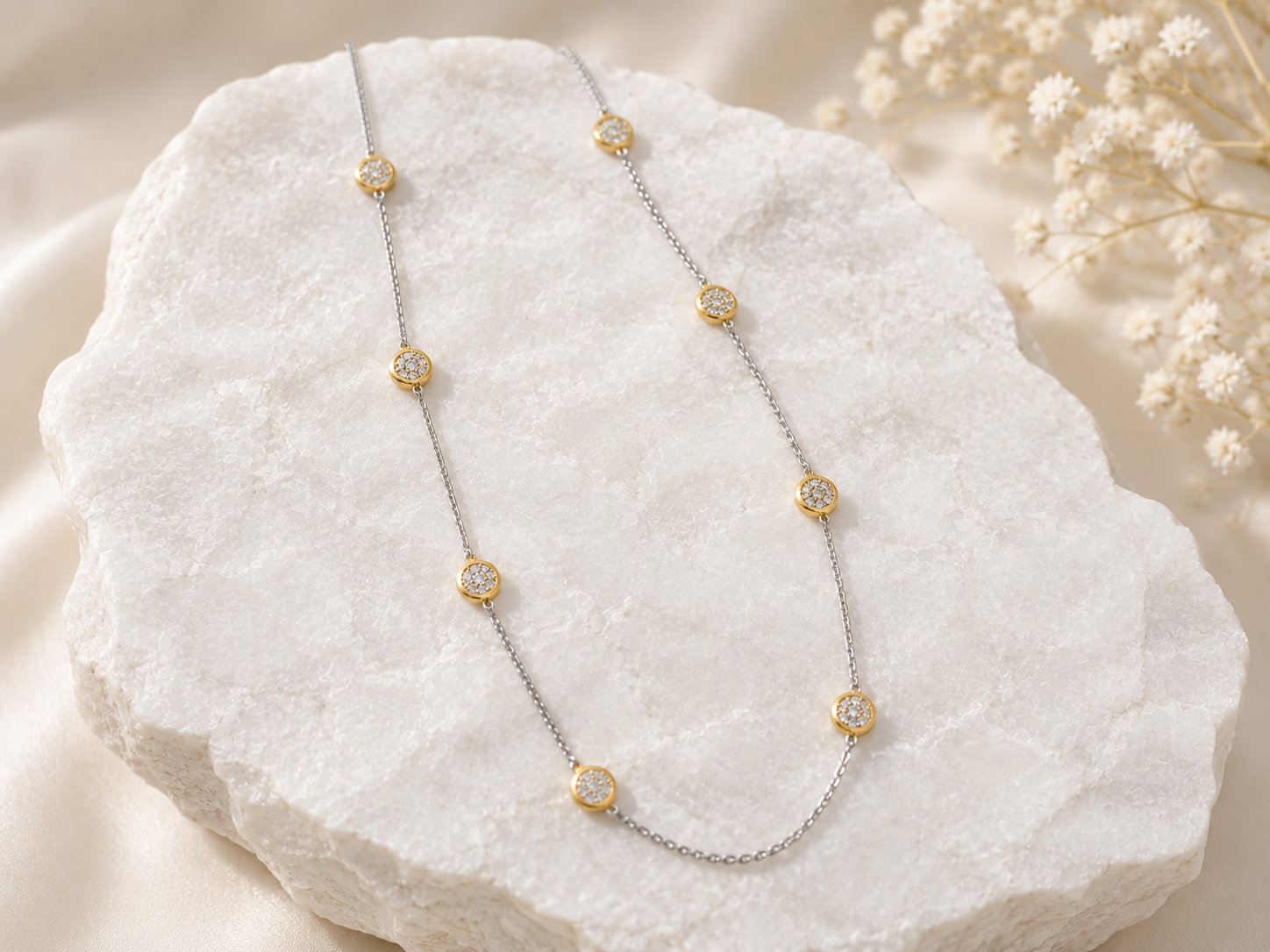 Two-Tone CZ Station Long Necklace