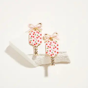 Enamel Pickleball Paddle Ribbon Bow Post Earrings