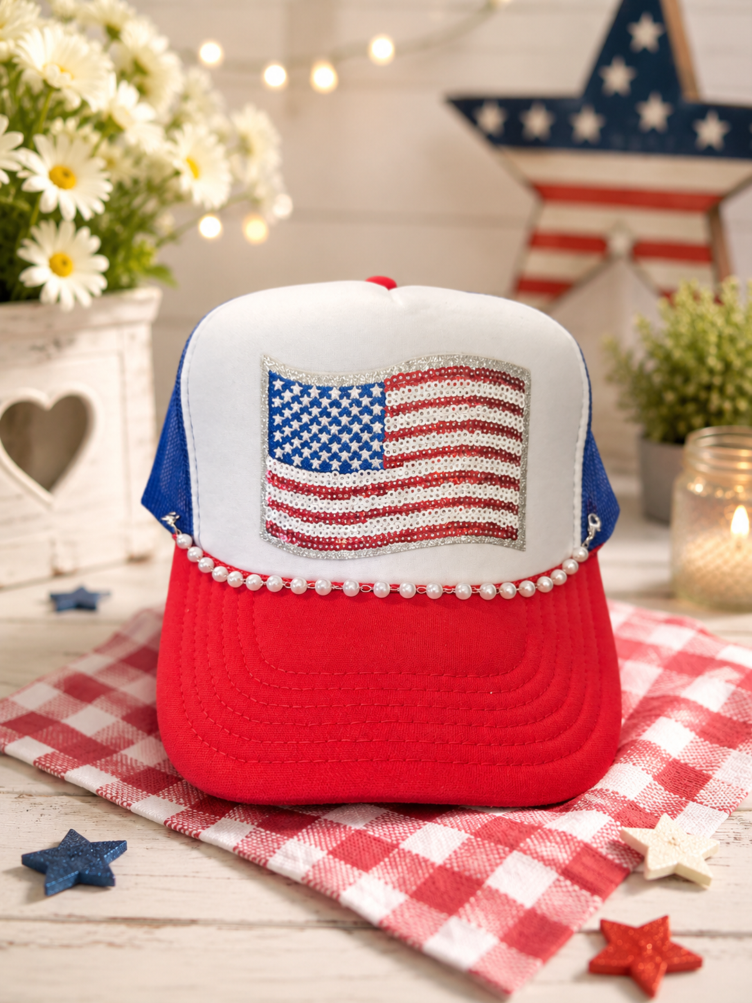 Sequin American Flag Foam Trucker Hat