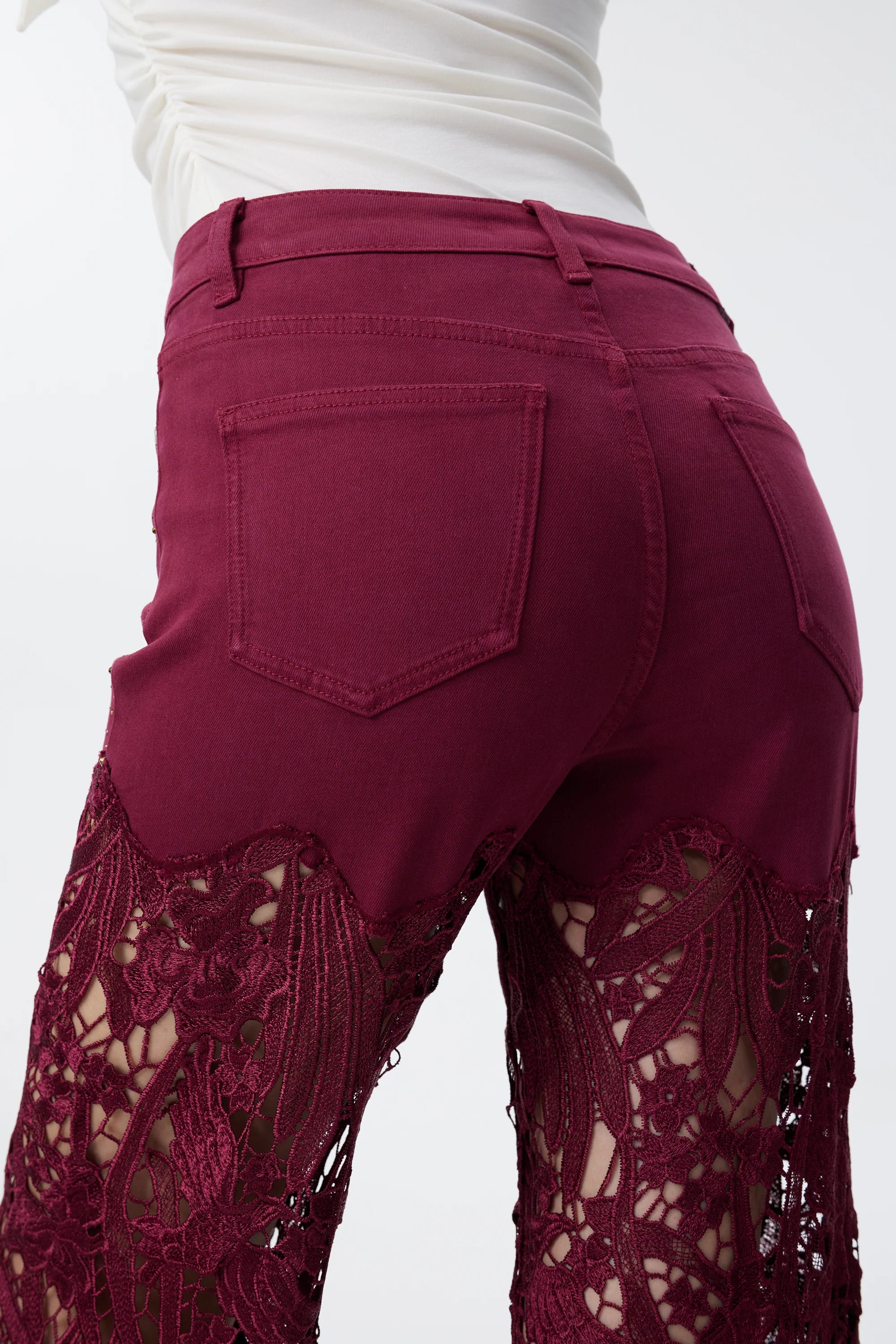 Wine Embroidered Lace Denim Rhinestone Jeans