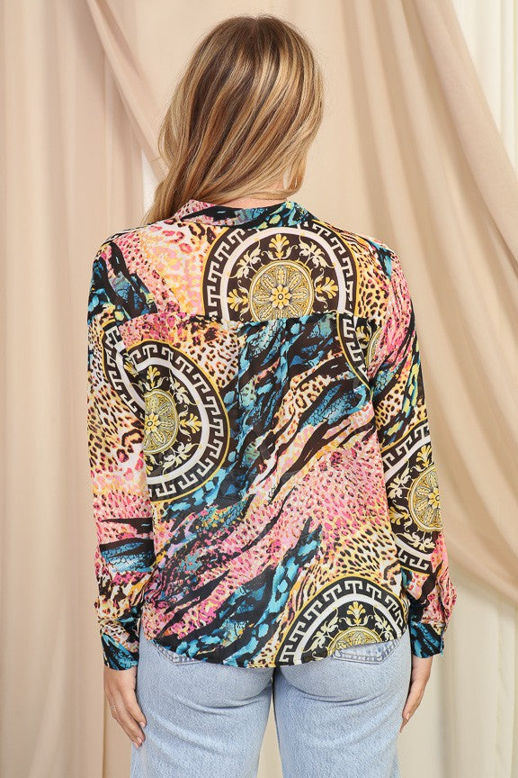 Baroque Mixed Print Tie-Front Blouse