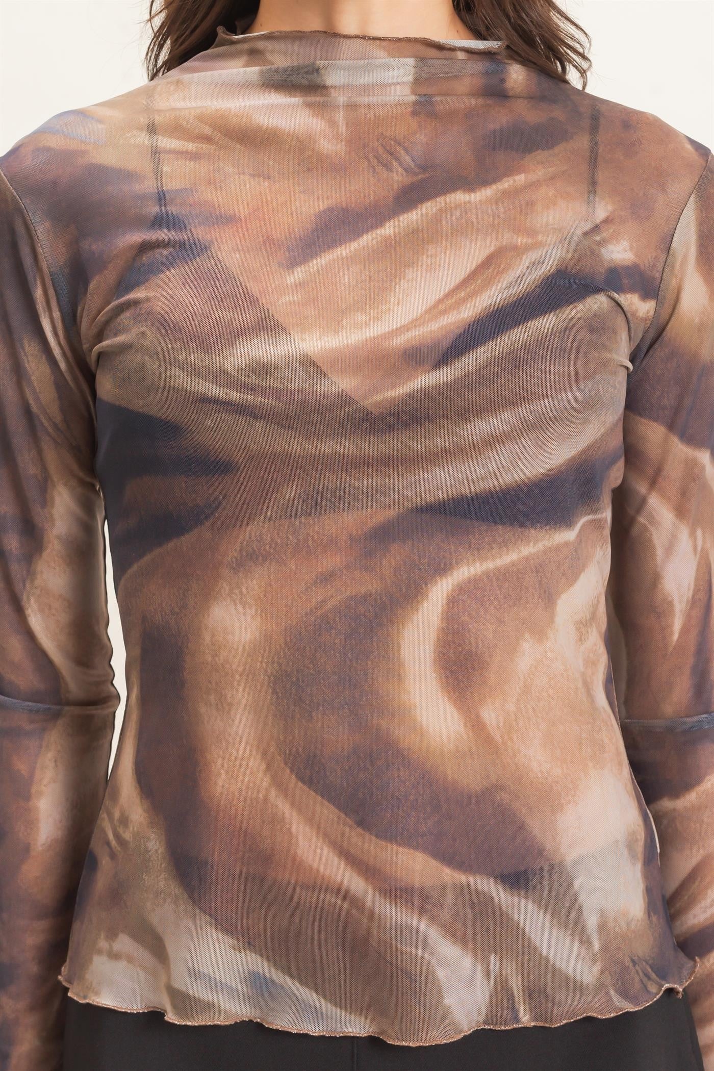 Ruffled Mock Neck Mesh Top