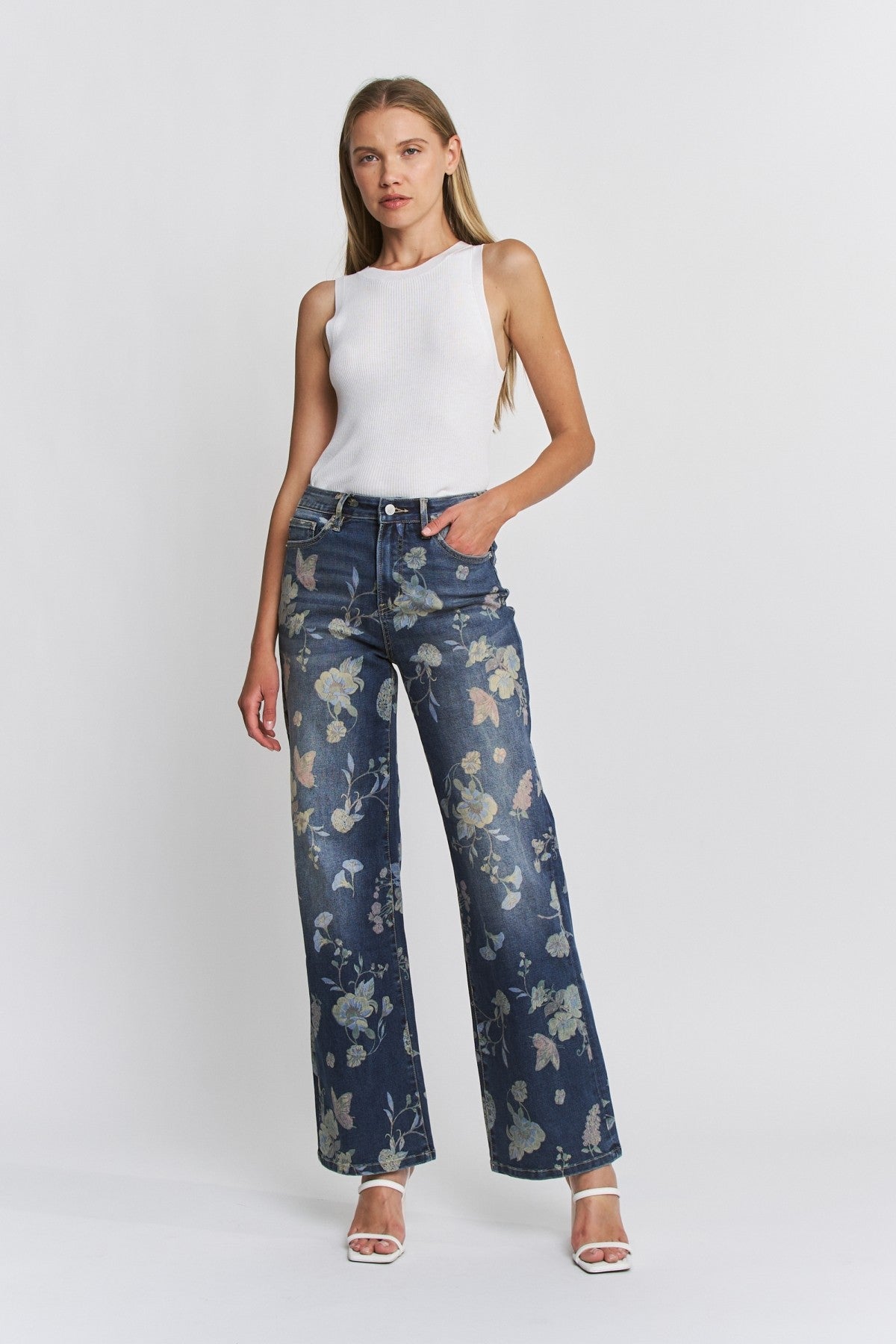 High Rise Wide Leg Embellished Floral Denim Jeans - Side View