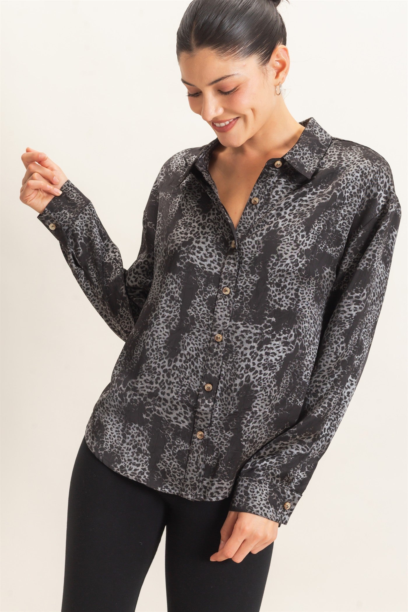 Leopard Satin Button-up Shirt