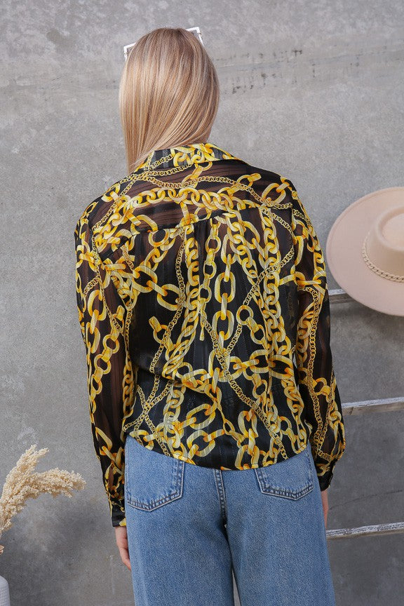 Gold Chain Print Tie-Front Sheer Blouse
