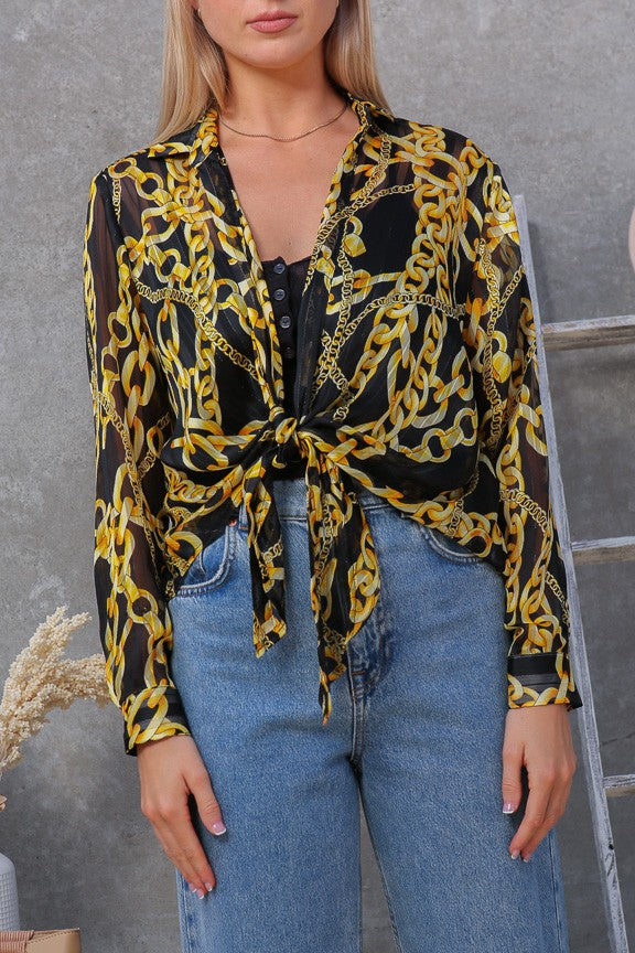 Gold Chain Print Tie-Front Sheer Blouse