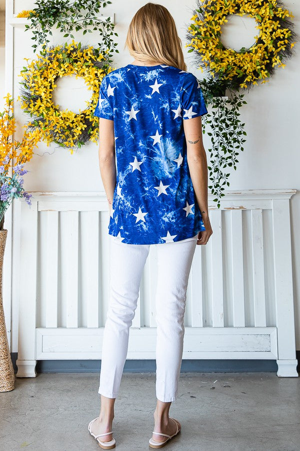 Star & Tie Dye Print V-Neck Top