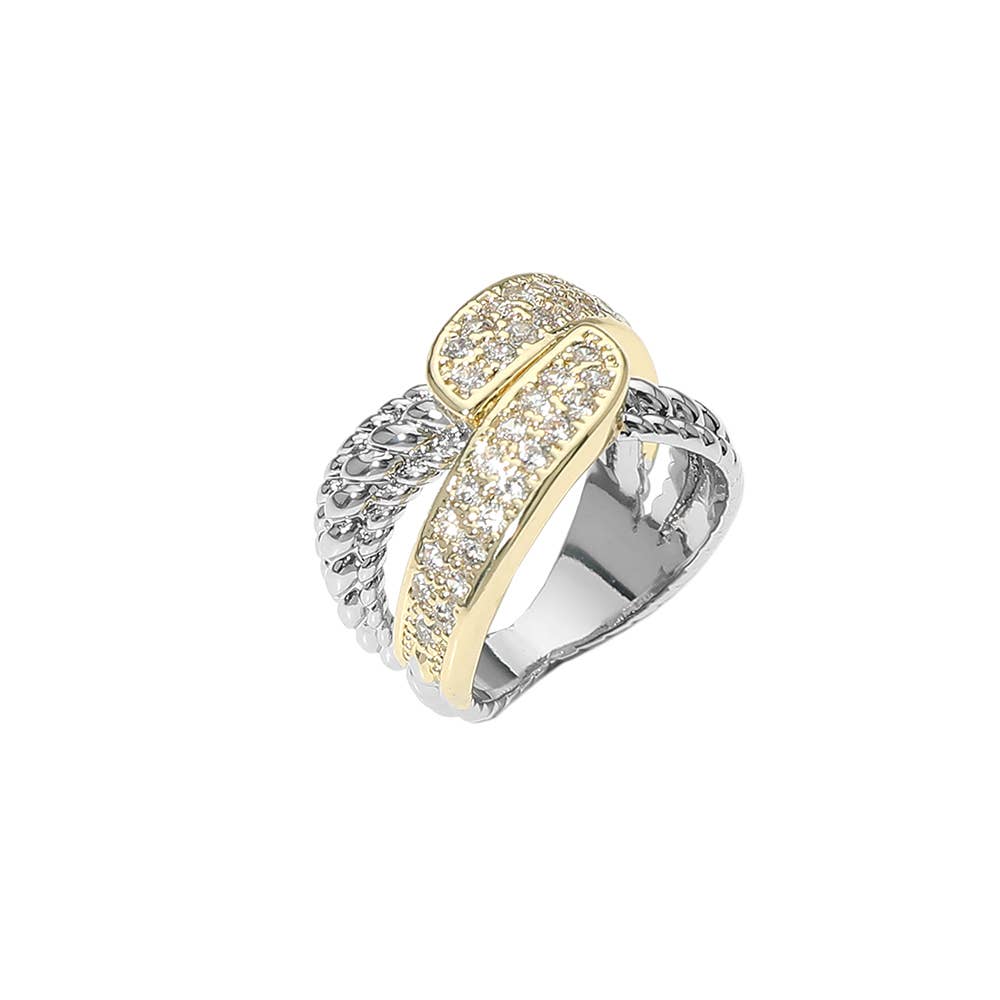 14K Gold Plated Two Tone CZ Pave Twisted Crossover Ring