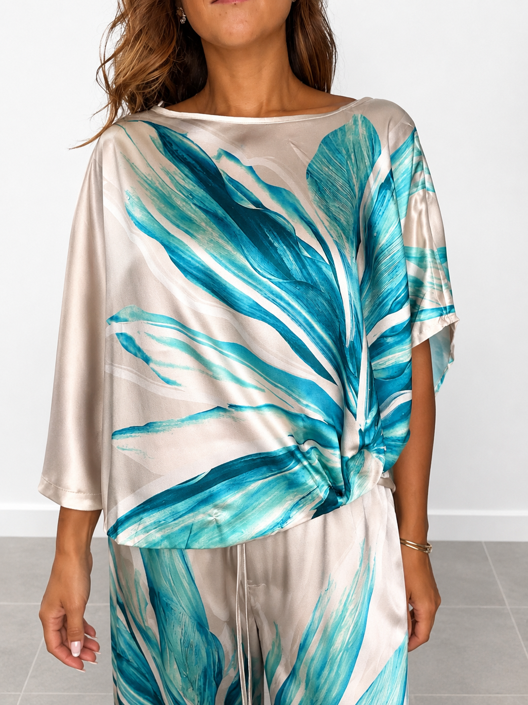 Botanical Print Satin Cropped Blouse & Wide-Leg Pants Set
