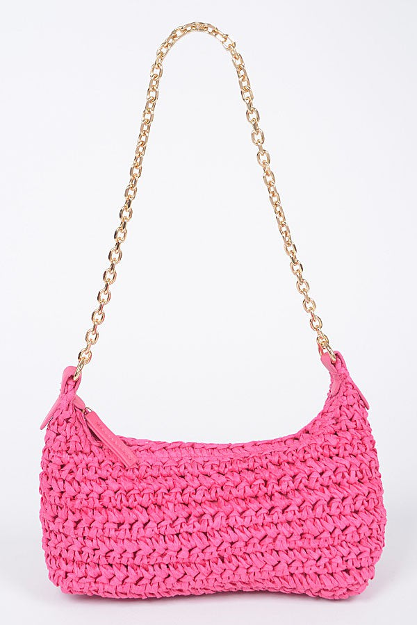 Faux Straw Zip Chain Shoulder Clutch