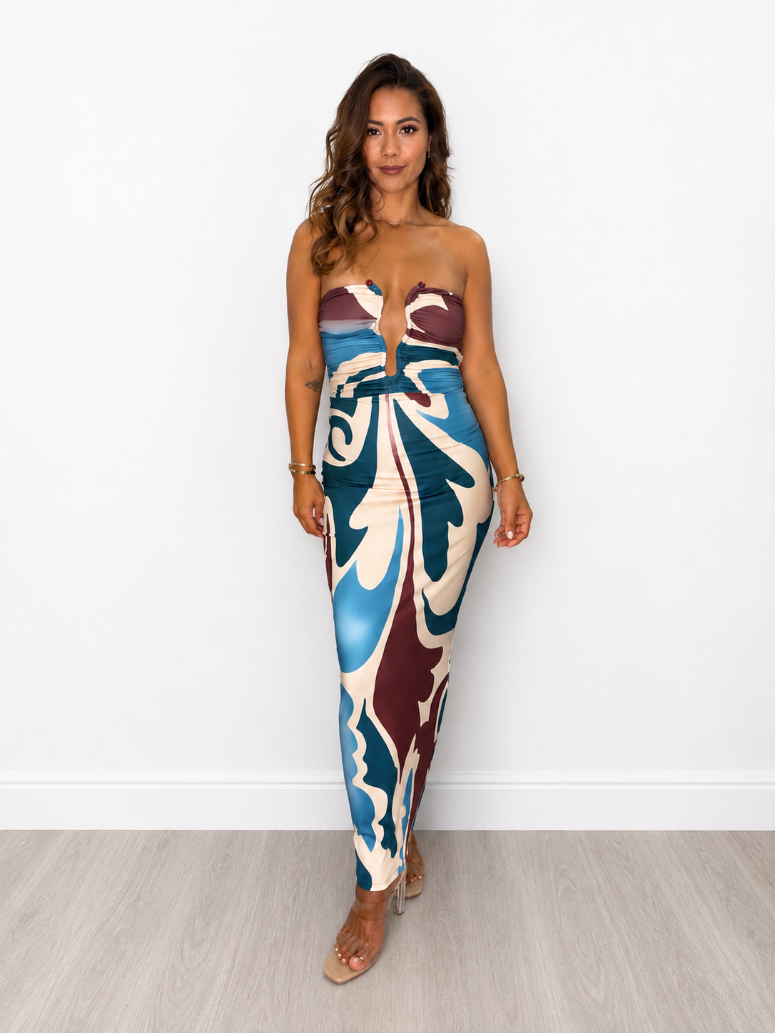 Abstract Print Strapless Maxi Dress