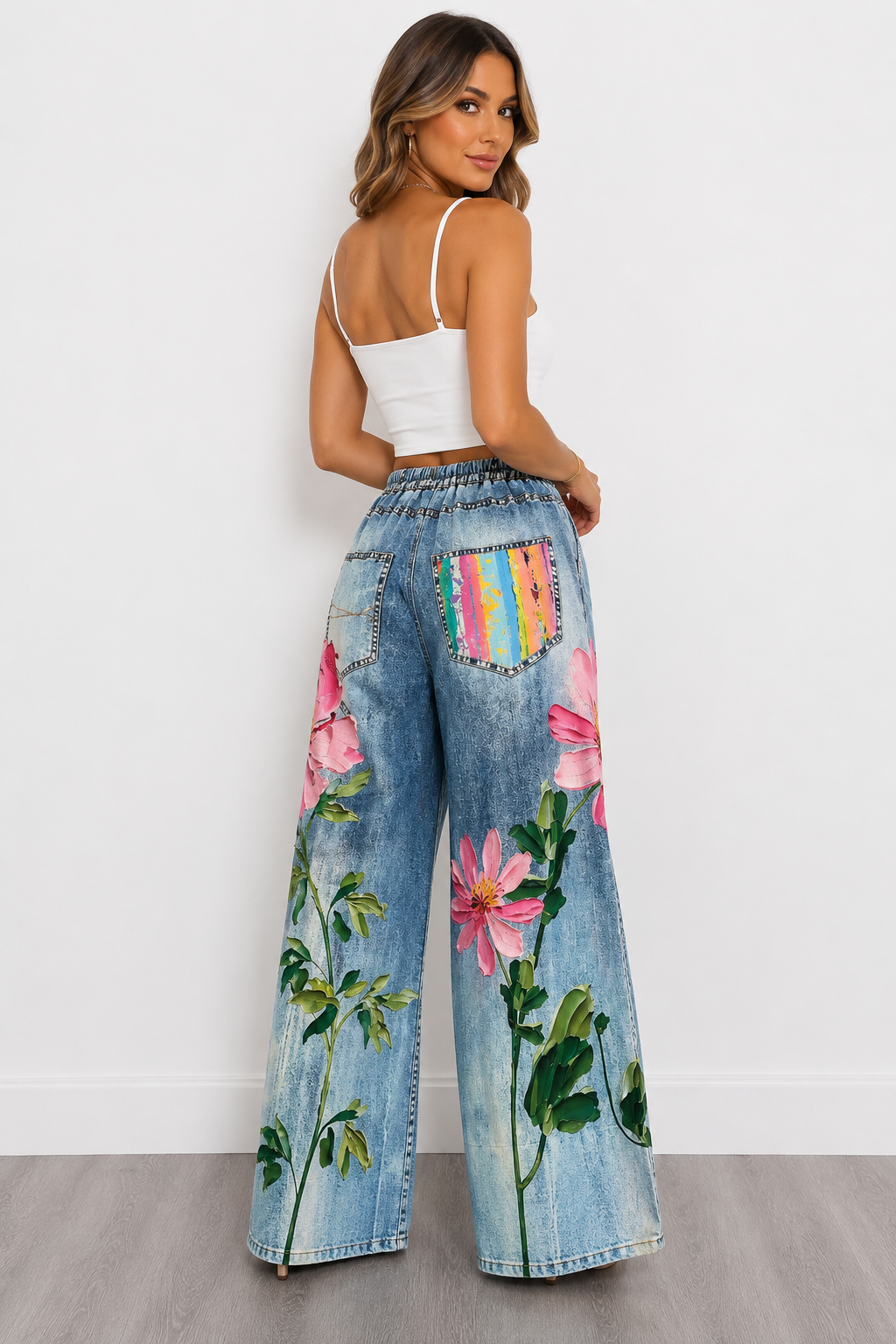 Faux Denim Floral Wide Leg Pant