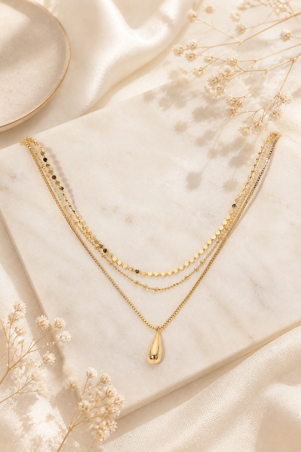 Teardrop Charm Accent Mixed Chain Layered Necklace