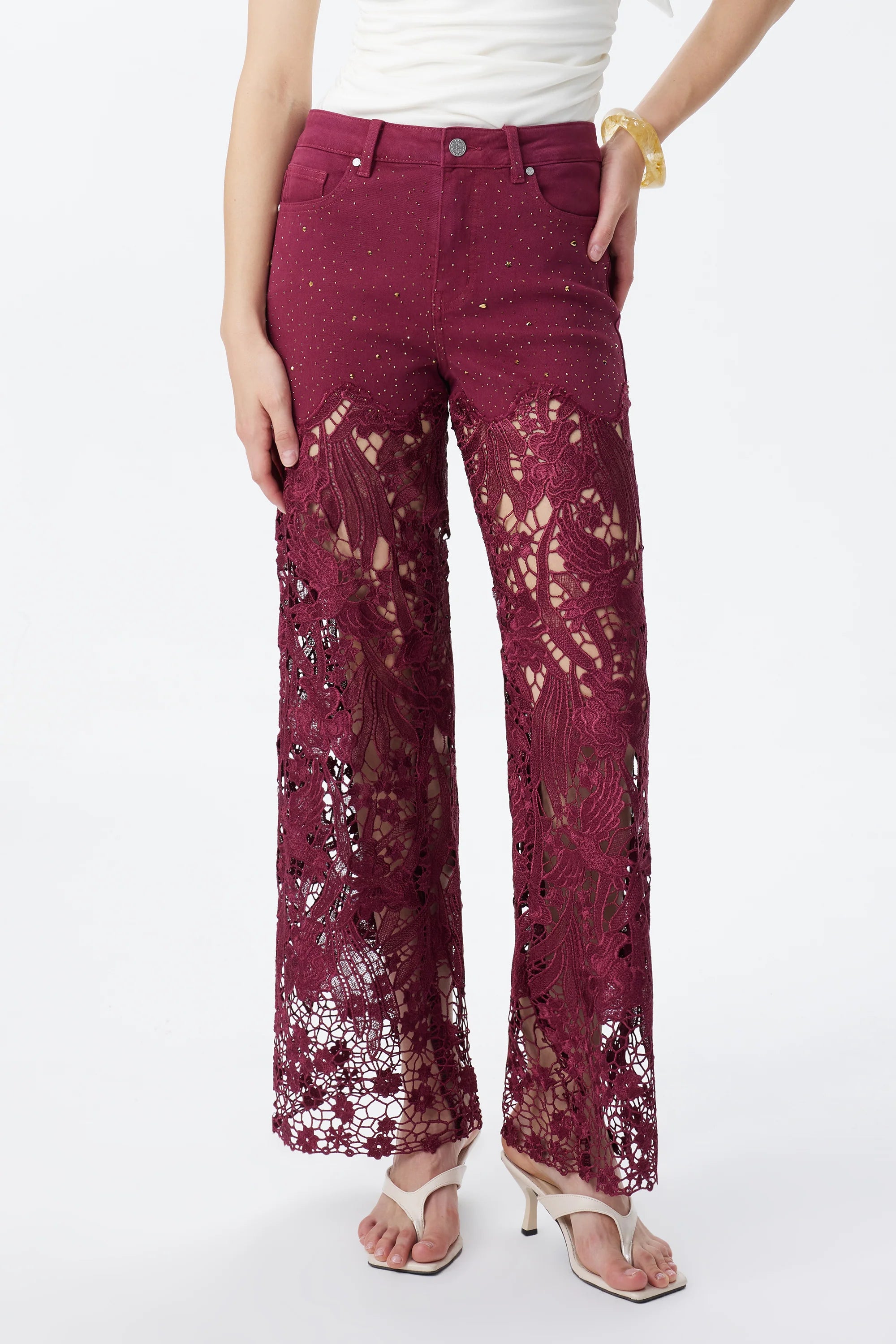Wine Embroidered Lace Denim Rhinestone Jeans