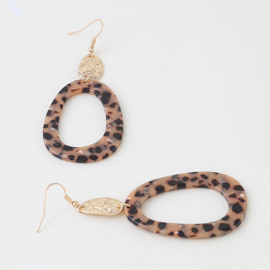 Leopard Print Resin & Hammered Gold Drop Earrings