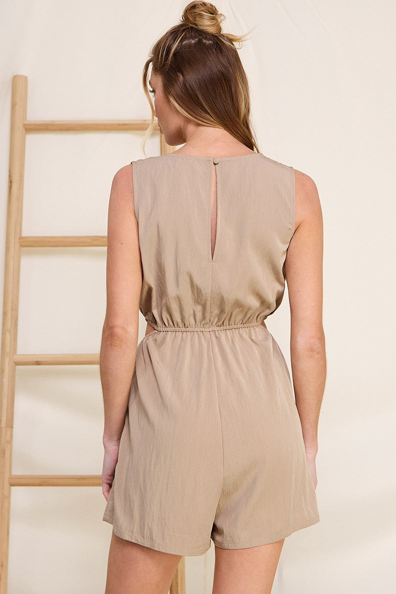 Flowy V-Neck Romper with Side Cut-Outs & Pockets Taupe - Back Keyhole View on Model