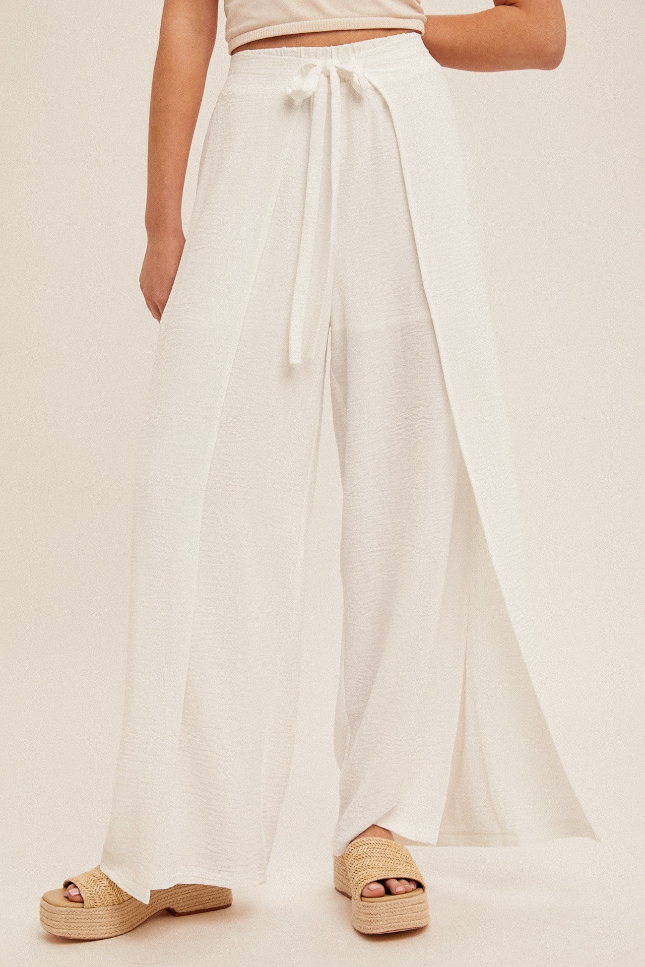 Overlapping Wrap Wide Leg Pants with Self-Tie Waist