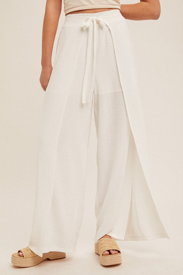 Overlapping Wrap Wide Leg Pants with Self-Tie Waist
