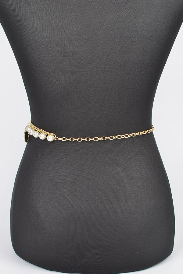 Faux Pearl & Coin Charm Layered Chain Belt