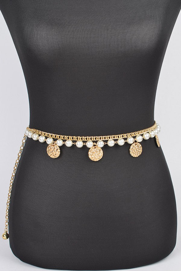 Faux Pearl & Coin Charm Layered Chain Belt