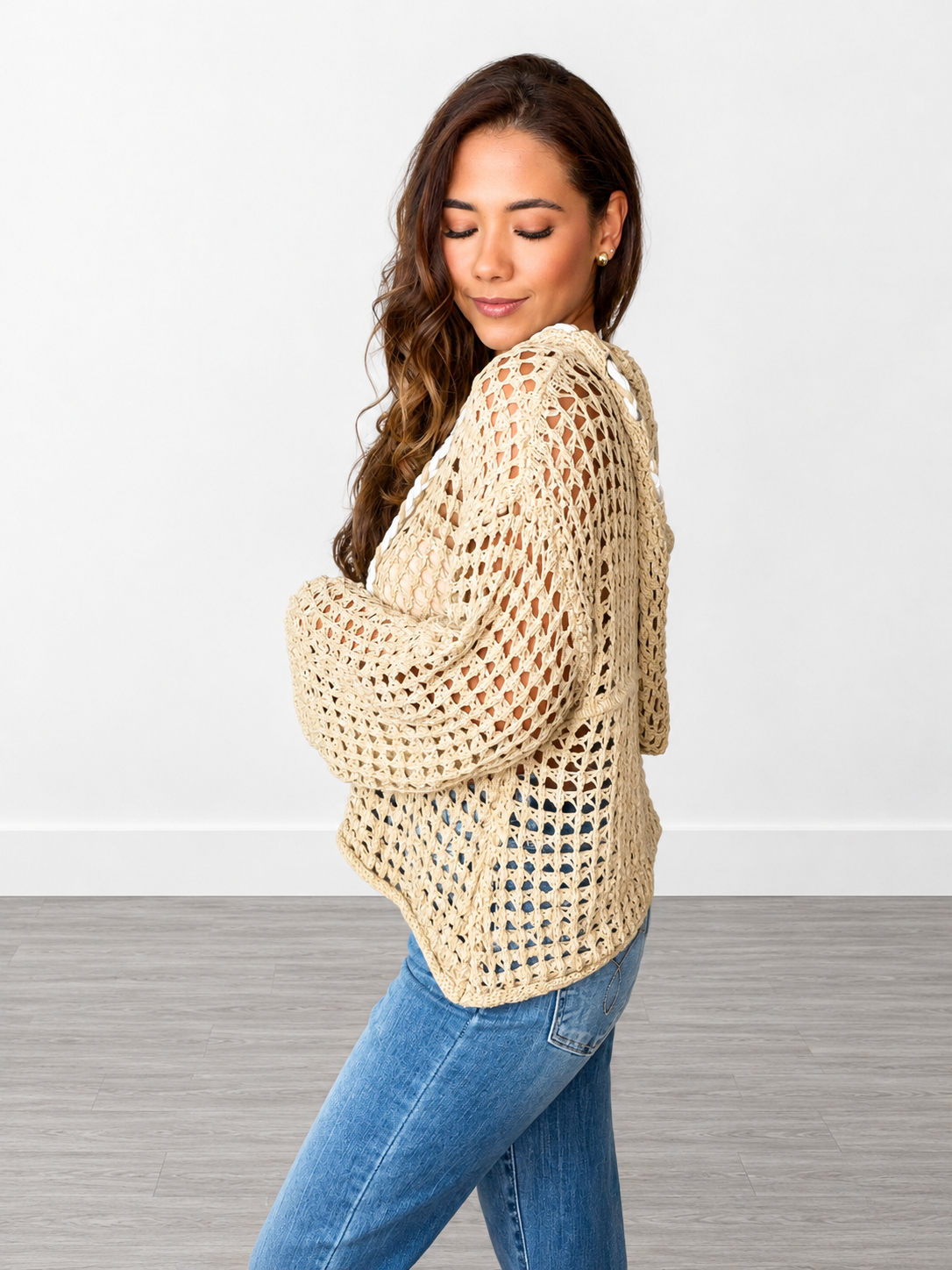 Open Weave Star Patch Pearl Stud Hoodie Sweater Top by POL