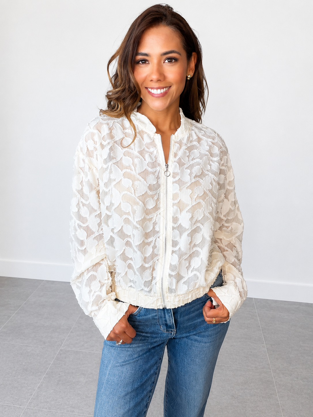 Jacquard Semi-Sheer Floral Bomber Blouse Jacket