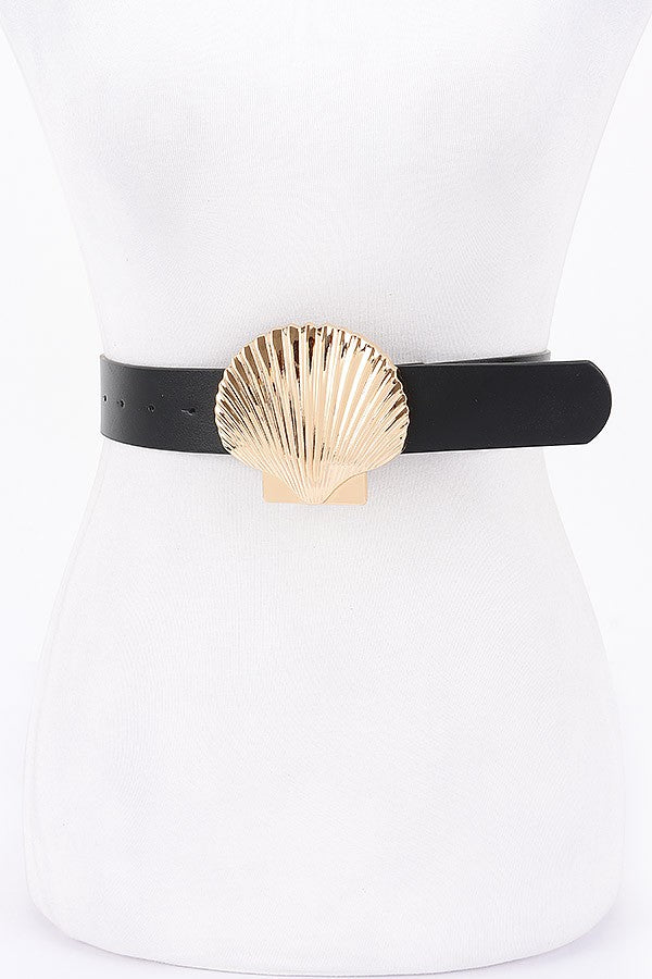 Faux Leather Gold Shell Buckle Belt in Black