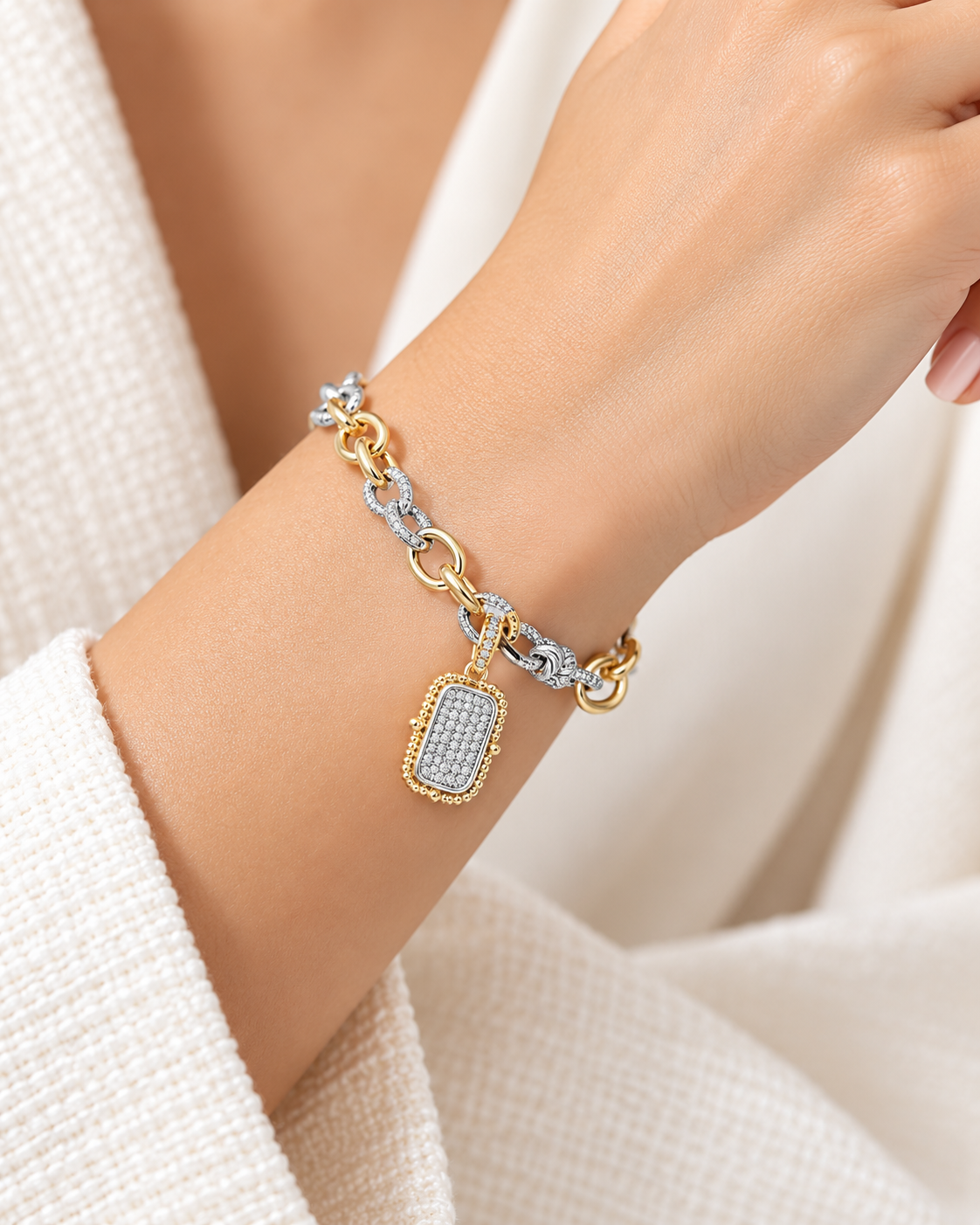 14k Gold Two Tone CZ Pavé Rectangle Magnetic Bracelet