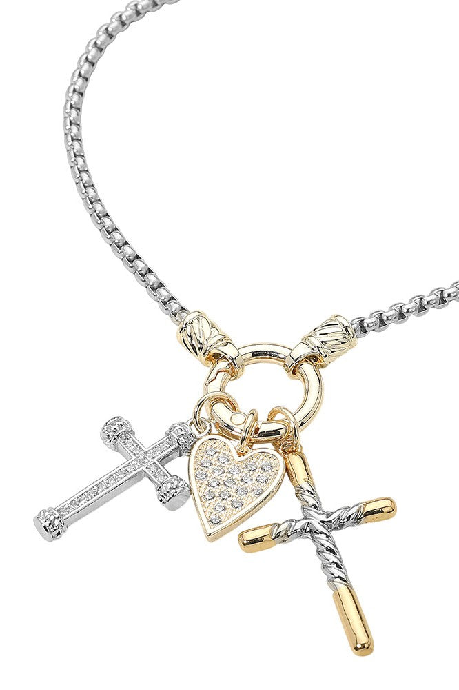 14K Two-Tone CZ Pavé Heart Double Cross Necklace